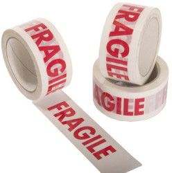 Fragile Red on White Packing Tape - 66m Long 48mm wide - BULK 12 Rolls